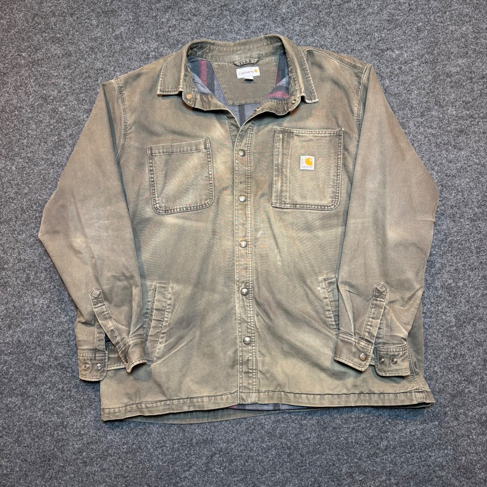 Carhartt Mens 2XL Blanket Lined Canvas Shirt Jacket Faded Olive Green Duck Coat